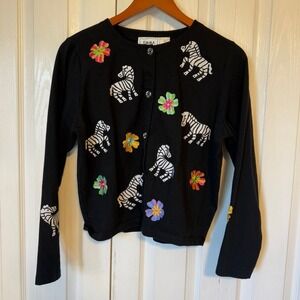 Emma Tricot Cardigan Women S Black Zebra Floral Embroidered Cotton Button Front